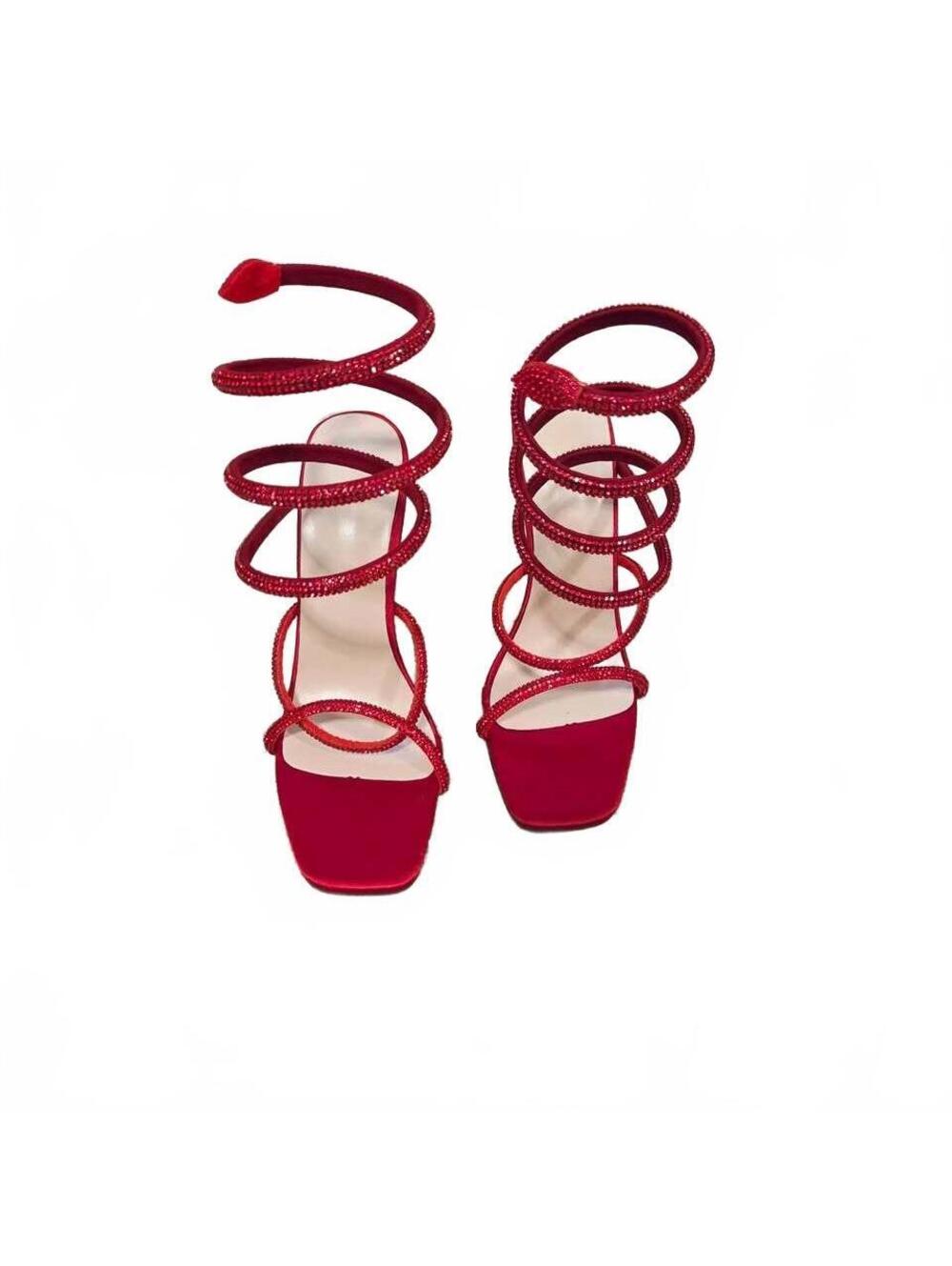 Red Satin Rhinestone Snake Spiral Stiletto Heels Sandals size 7.5-8